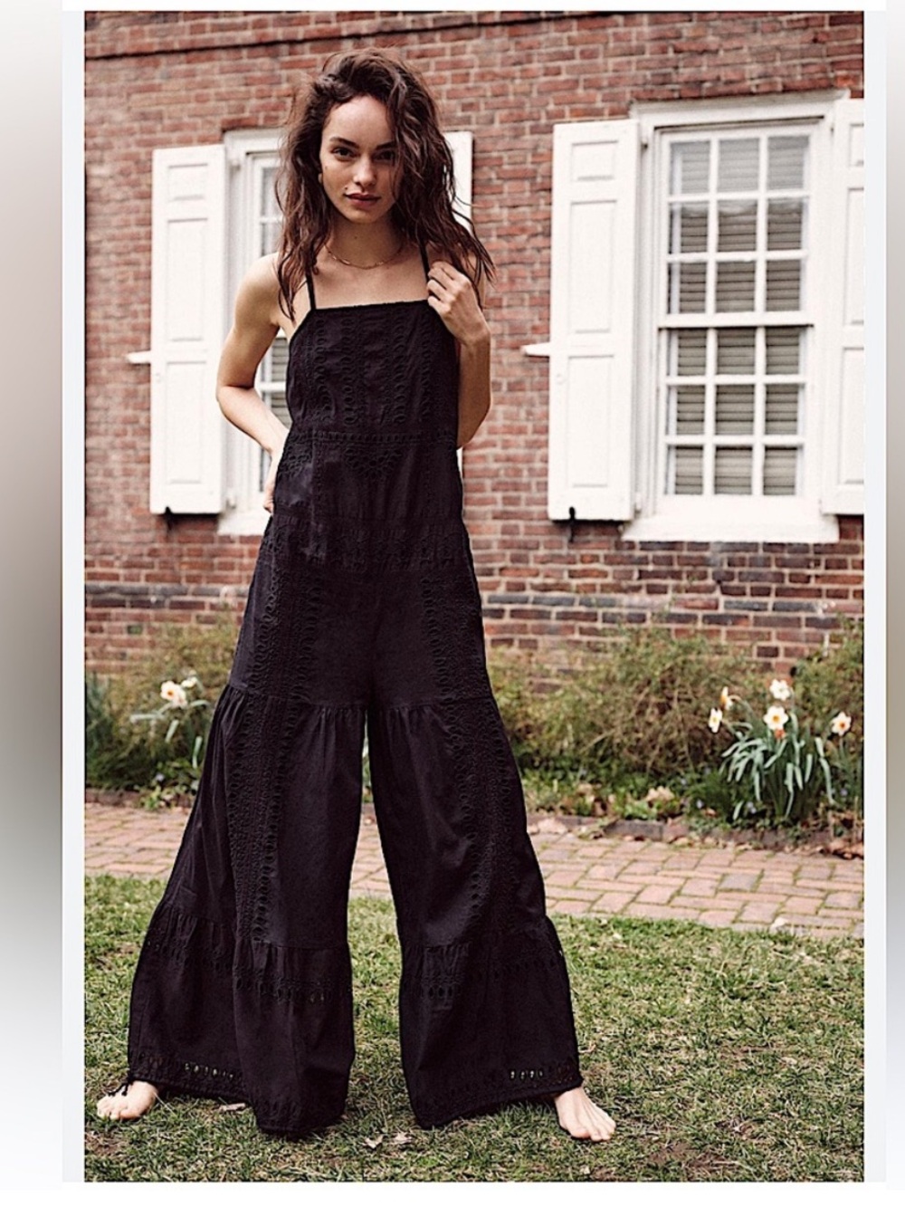 Free People Savannah Lace Eyelet Jumpsuit Wide Leg Boho Black XS
